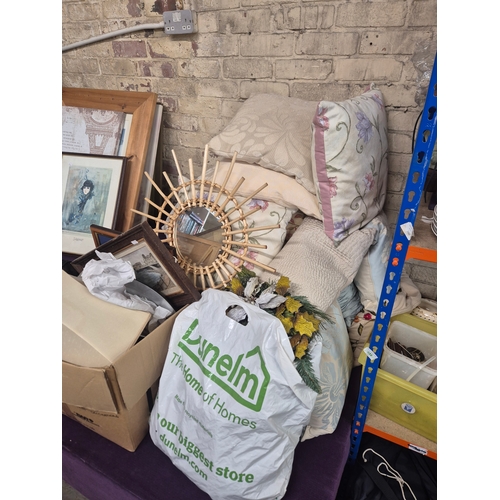 182 - Very large mixed lot to include lightbulbs, china, cushions, pictures, mirrors (enough to fill a sma... 