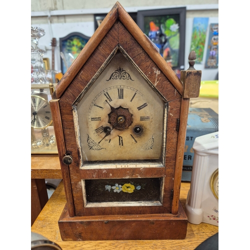 264 - Antique wooden steeple mantle clock plus Smiths and Big Ben alarm clocks, West German dome clock and... 
