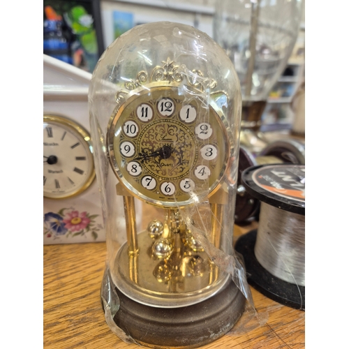 264 - Antique wooden steeple mantle clock plus Smiths and Big Ben alarm clocks, West German dome clock and... 