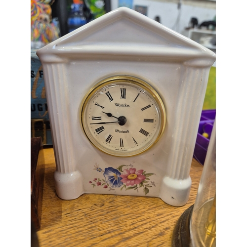 264 - Antique wooden steeple mantle clock plus Smiths and Big Ben alarm clocks, West German dome clock and... 