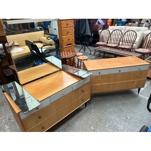 302 - Mid Century GPlan, “Chinese White” Dressing Table and matching chest of drawers raised on black tape... 