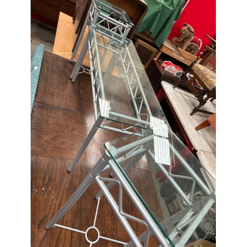 321 - Console table and 2 matching side tables with metal frames and glass tops