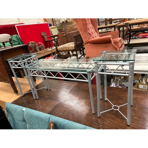 321 - Console table and 2 matching side tables with metal frames and glass tops