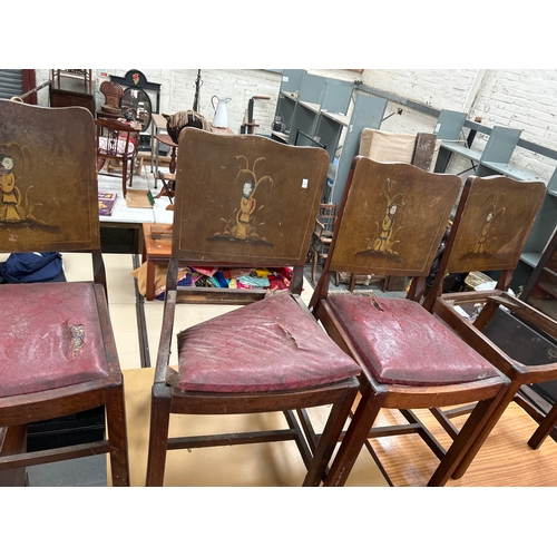 326 - Set of four 1920’s dining chairs - the unusual bentwood backs hand decorated with chinoiserie figure... 