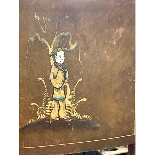 326 - Set of four 1920’s dining chairs - the unusual bentwood backs hand decorated with chinoiserie figure... 