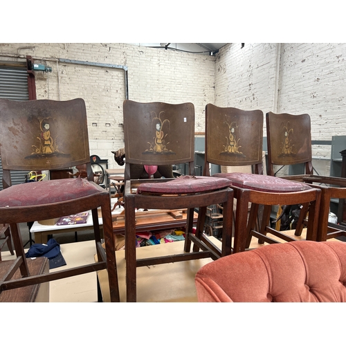 326 - Set of four 1920’s dining chairs - the unusual bentwood backs hand decorated with chinoiserie figure... 