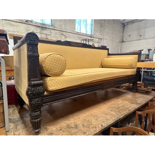 341 - William IV Empire Style Settle, Carved detail to the back panels above with marquetry inlay.
Upholst... 