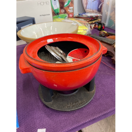 365 - Vintage Fondue Sets, Red enamel one by STAUB-France. Everyone loves a cheese fondue!!