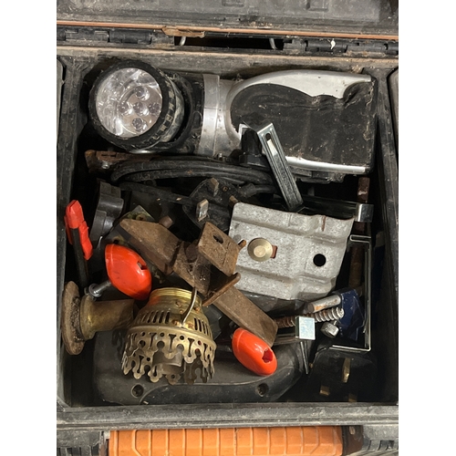 370 - Large tool box with interesting contents including oil lamp parts
