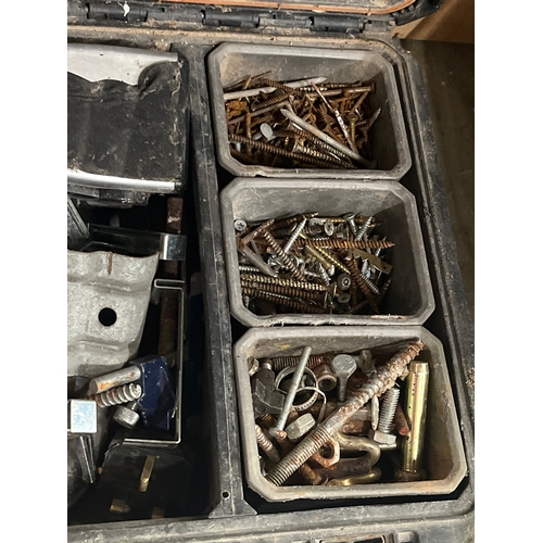 370 - Large tool box with interesting contents including oil lamp parts