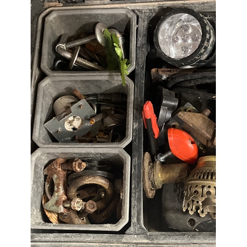 370 - Large tool box with interesting contents including oil lamp parts