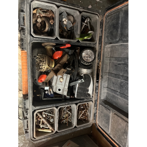 370 - Large tool box with interesting contents including oil lamp parts