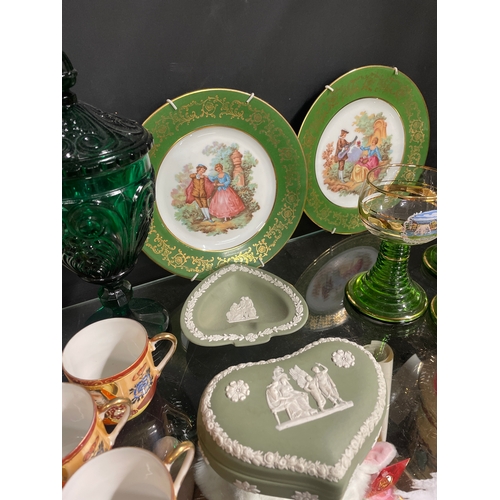 377 - Interesting shelf full of decorative items. Wedgwood Jasperware, Chinese teaset, Limoges plates & tr... 