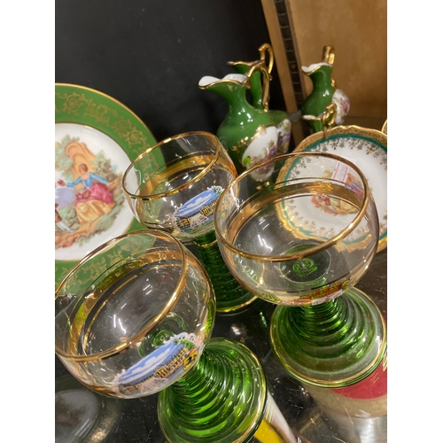 377 - Interesting shelf full of decorative items. Wedgwood Jasperware, Chinese teaset, Limoges plates & tr... 