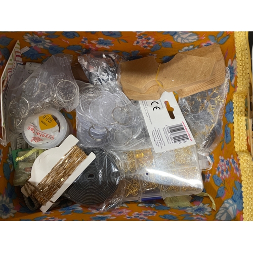 379 - Sewing/crafting lot. Heavy duty webbing strap rolls & a sewing box with contents of beads, keyring f... 