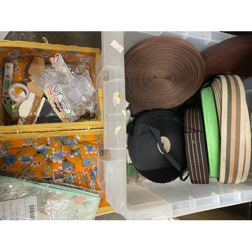 379 - Sewing/crafting lot. Heavy duty webbing strap rolls & a sewing box with contents of beads, keyring f... 