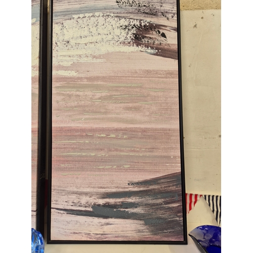 572 - Pair of Oak Furnitureland Farne hand embellished abstract fabric prints