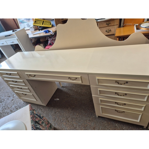 Extra long Louis style 9 drawer dressing table with brass handles plus a  pair of bedsides