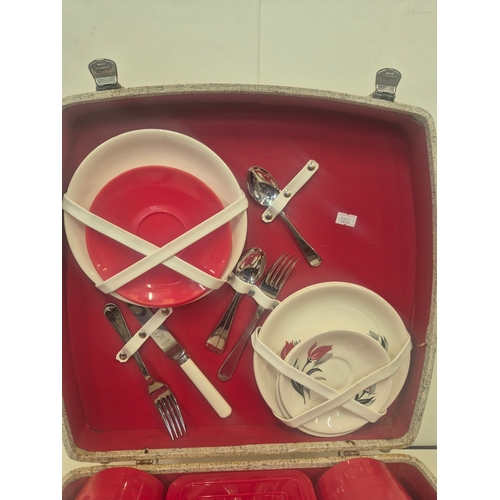 160 - 1950's picnic set in fitted carry case with red interior plus red and cream accessories to include '... 
