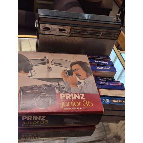 400 - Vintage Prinz junior 35mm camera outfit, boxed plus a GEC FM Radio and selection of electronic valve... 