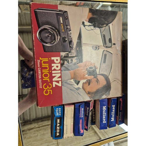 400 - Vintage Prinz junior 35mm camera outfit, boxed plus a GEC FM Radio and selection of electronic valve... 