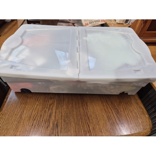 410 - Large lidded box of mixed clothing and scarves