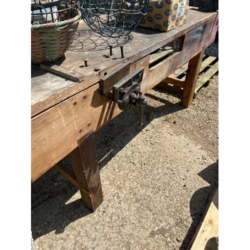 397 - Workshop bench with two Record Vices attached