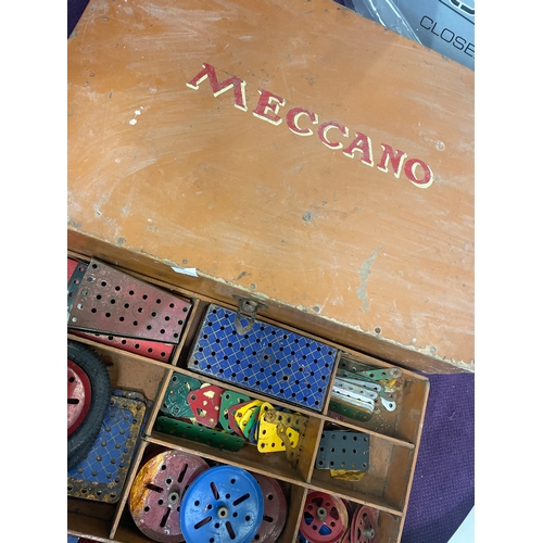 Vintage Meccano set with booklets & hand-made wooden case.