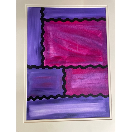 199 - 3 x original watercolour paintings in pink & purple with card mounts. Also an African canvas by ... 