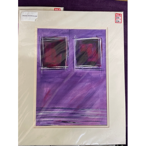 199 - 3 x original watercolour paintings in pink & purple with card mounts. Also an African canvas by ... 