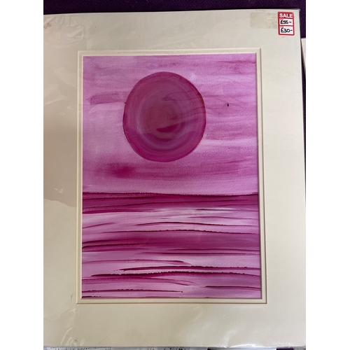 199 - 3 x original watercolour paintings in pink & purple with card mounts. Also an African canvas by ... 