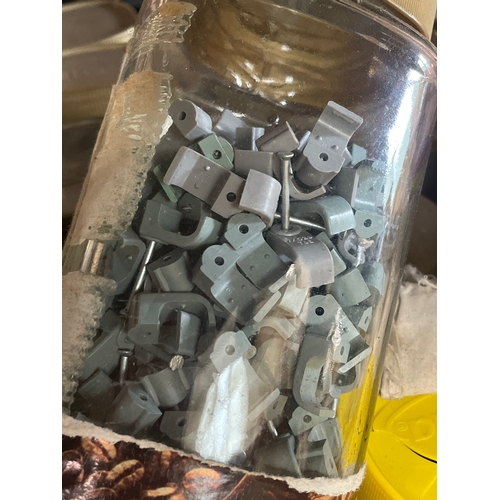 349 - 3 large trays of DIY and tools, & approx 20 coffee jars of screws, cable clips, nails etc etc  (... 