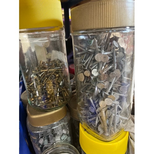 349 - 3 large trays of DIY and tools, & approx 20 coffee jars of screws, cable clips, nails etc etc  (... 