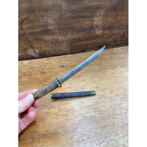 66 - Antique Japanese scale miniature samurai sword/katana with scabbard. Approx 7&rdquo; long.