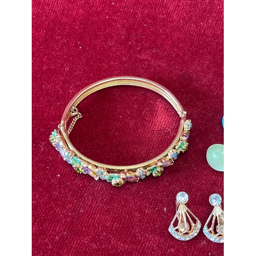 16 - FLORENZA Signed Gold & Green Enamel and Rhinestone Hinged Bracelet. &nbsp;4 pairs of vintage ear... 