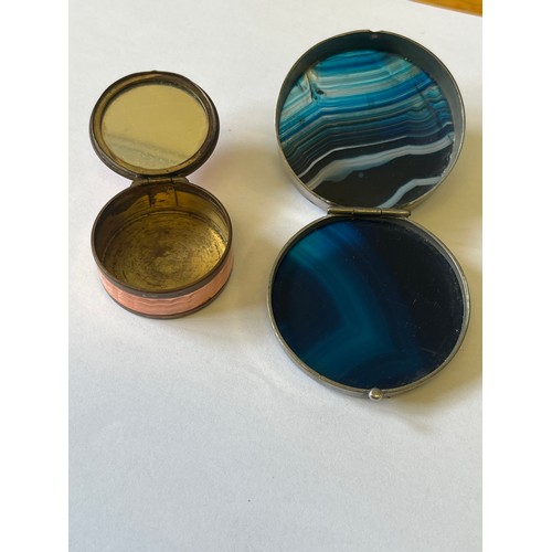 9 - Blue Agate Pill/Snuff hinged container and a vintage powder compact with a pink guilloche enamel fin... 