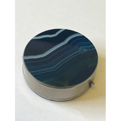9 - Blue Agate Pill/Snuff hinged container and a vintage powder compact with a pink guilloche enamel fin... 