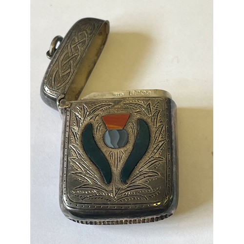 10 - Antique Scottish Vesta case made of  silver plate and inlaid with agate hardstones in the shape of a... 