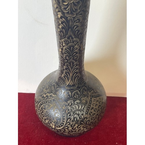 5 - Tall Vintage etched Floral Brass burnished Black Indian vase
