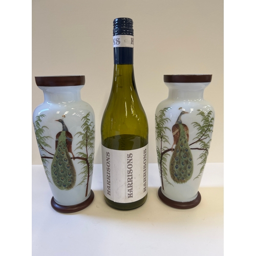 9 - Pair of Victorian handpainted opaline glass vases decorated with peacocks. 22cm h