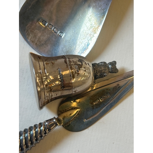 25 - Sterling silver shoe horn, trowel bookmark and Teddy Bear tooth fairy bell. All with English hallmar... 