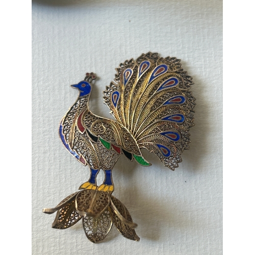 30 - Vintage Chinese cloisonn&eacute; peacock vase and a gilt filigree and enamel peacock on stand, possi... 