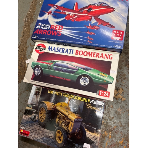 3 x Model Kits. Red Arrows Hawk, Maserati Boomerang, Tractor 1939