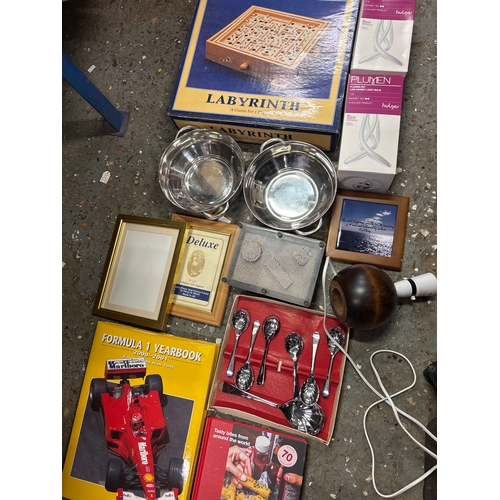Mixed lot, 3D pin art board, stainless dishes, lamp base, books ...