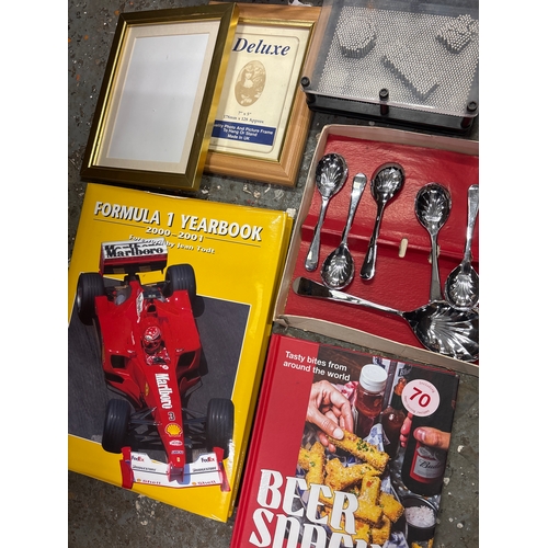 Mixed lot, 3D pin art board, stainless dishes, lamp base, books ...