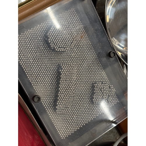 Mixed lot, 3D pin art board, stainless dishes, lamp base, books ...