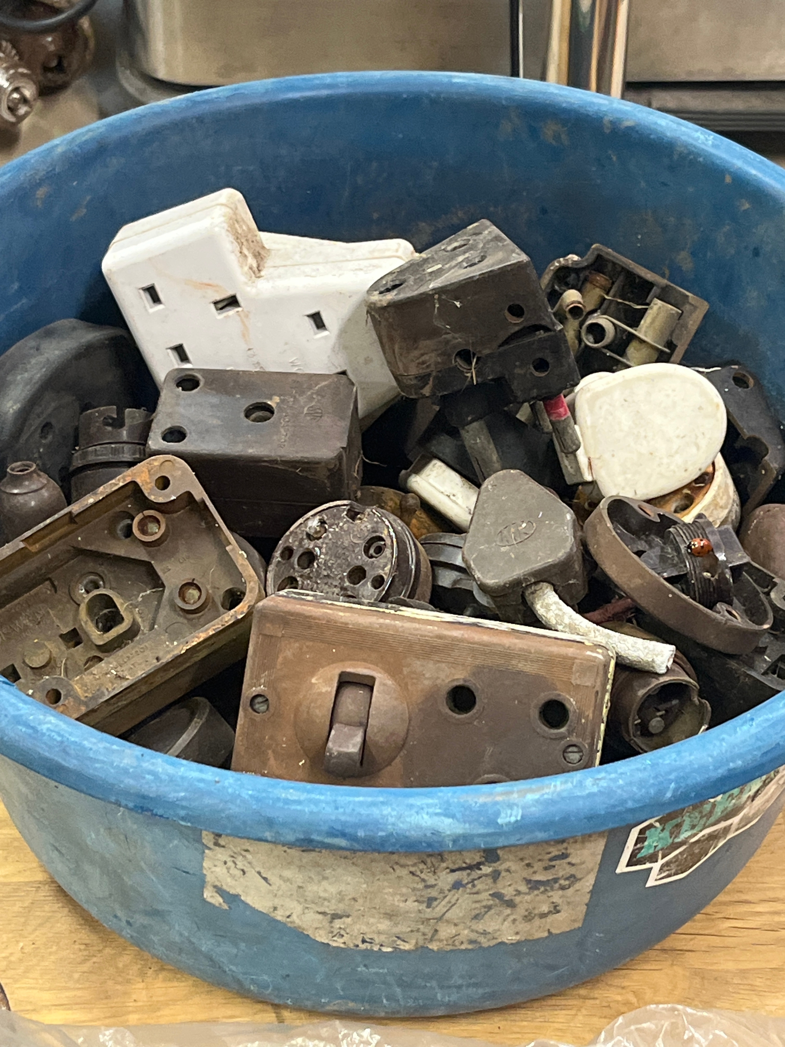 collection of vintage electrical fittings, including round-pin plugs ...
