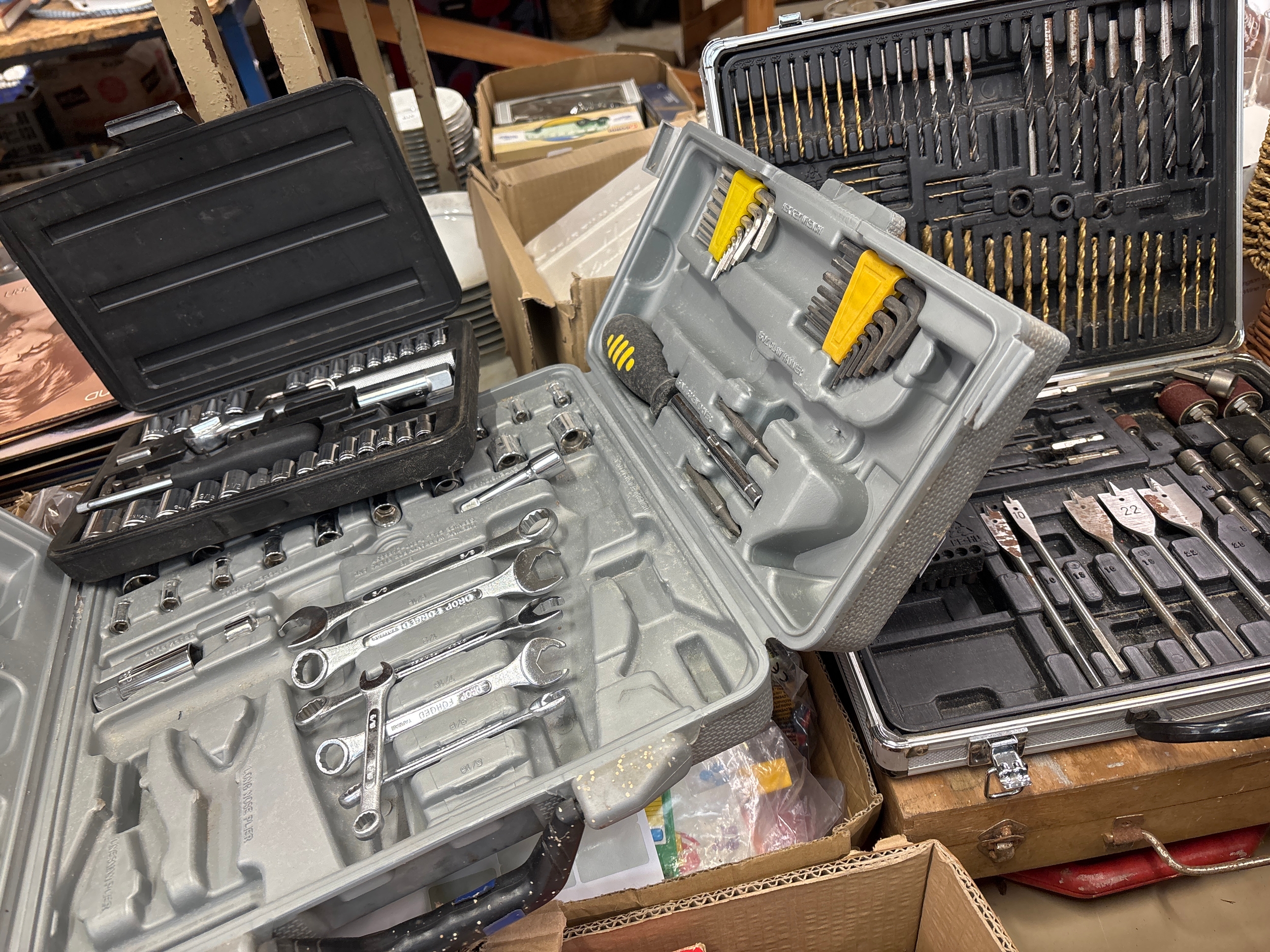 Stack of 5 x toolboxes containing spanner’s, socket sets, drill bits etc