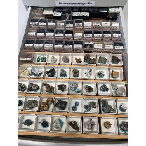 16 - A collector box of 6. Drawers full of geology rock samples USA, Cornwall, Devon, Peak District, Tyna... 