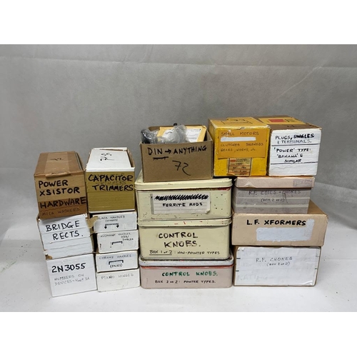 325 - A box containing 17 boxes of chokes, knobs, trimmers, bridge rects ferrite rods etc